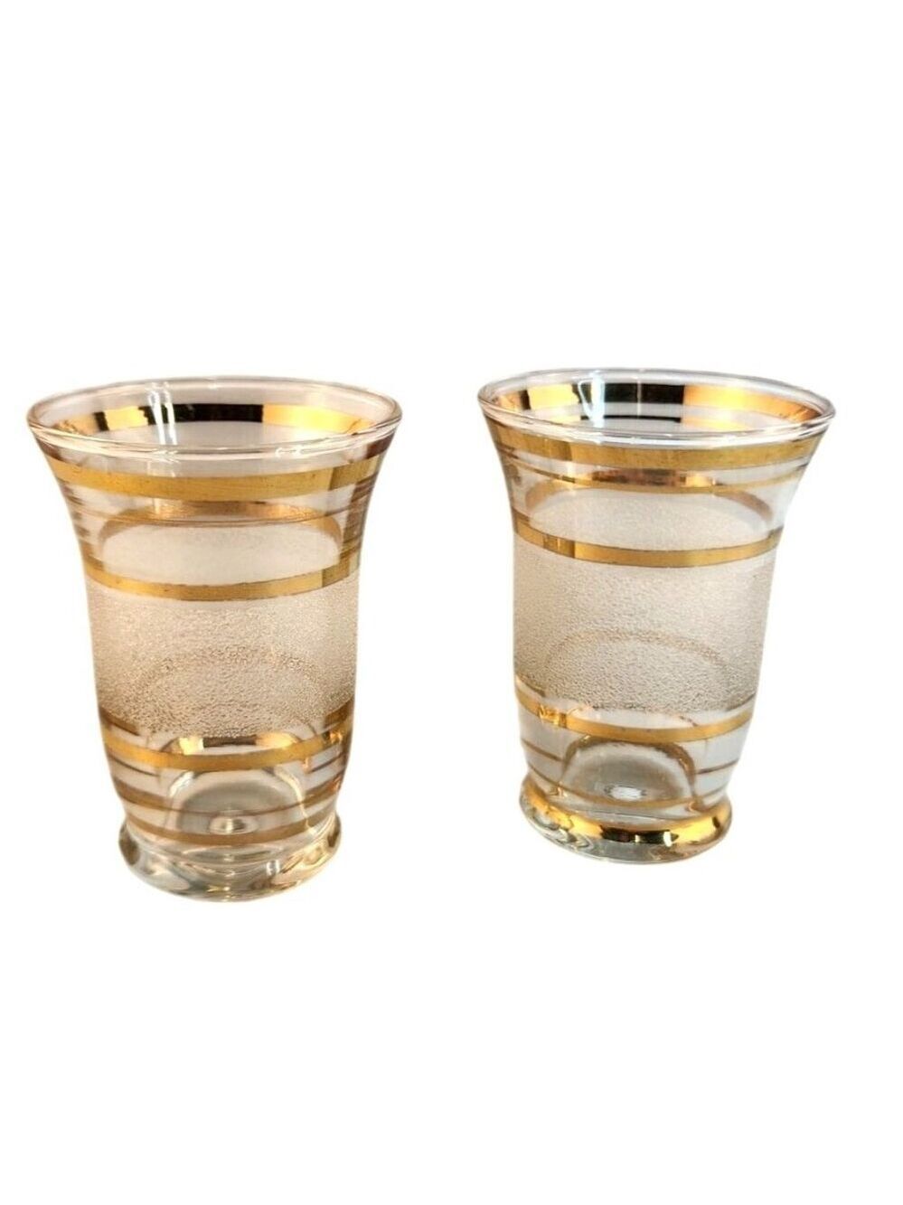 Mid-Century Modern Set Of 2 Frosted Glasses With Gold Stripes 3.25" Tall x 2.25"